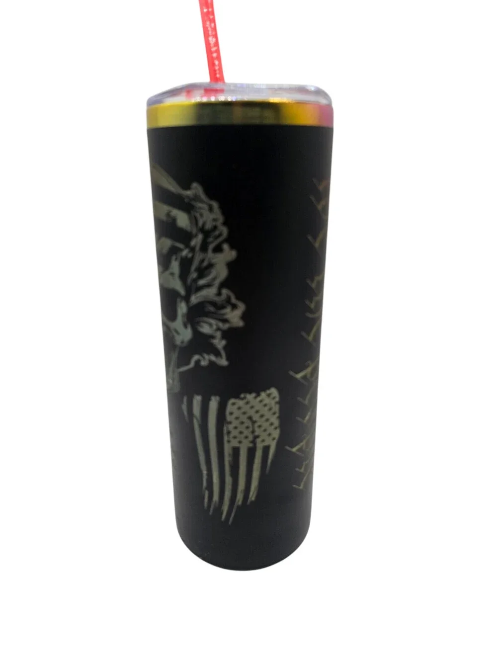 20 oz stainless steel tumbler features a laser-engraved patriotic skull design
